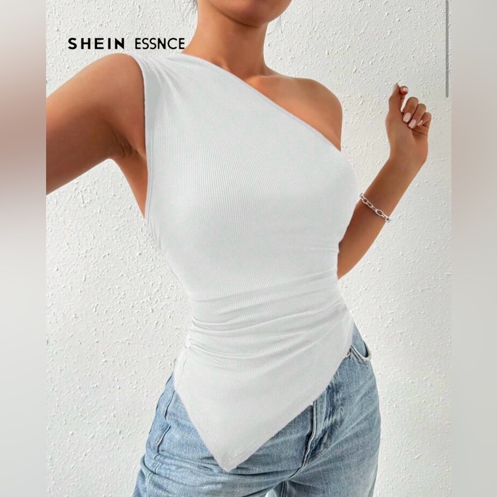 SHEIN Ribbed Asymmetrical White One-Shoulder Top